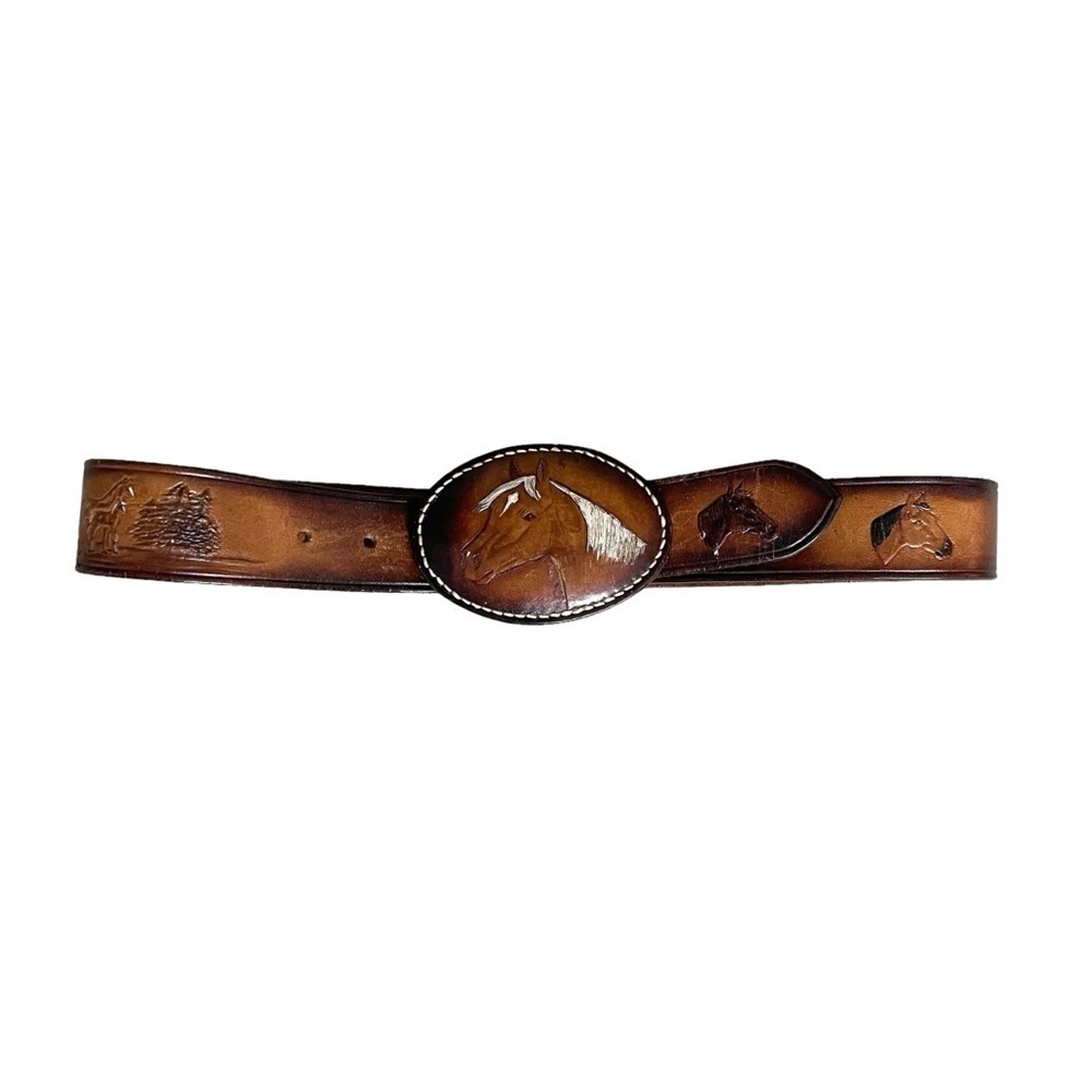 Handmade Hand Tooled Leather Belt Brown Horses XL